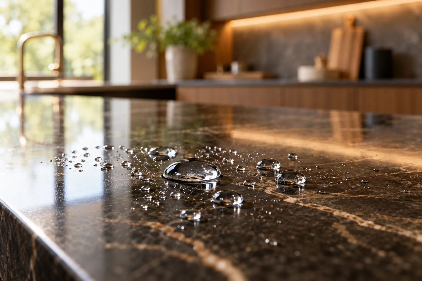Water beading on a polished stone surface