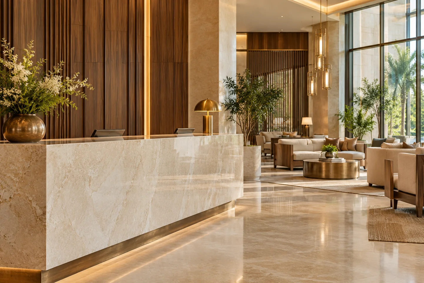 Contemporary hotel lobby and reception surfaces